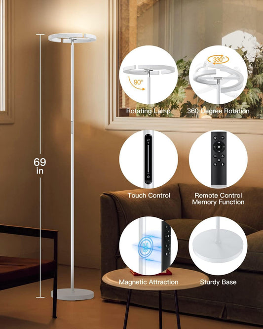 White Floor Lamp, Modern Stepless Dimmable Standing Lamp 3000-6000K, 20W LED Rotatable Reading Tall Lamp, Touch & Remote Control Uplighter Floor Lamps for Living Room Bedroom Office