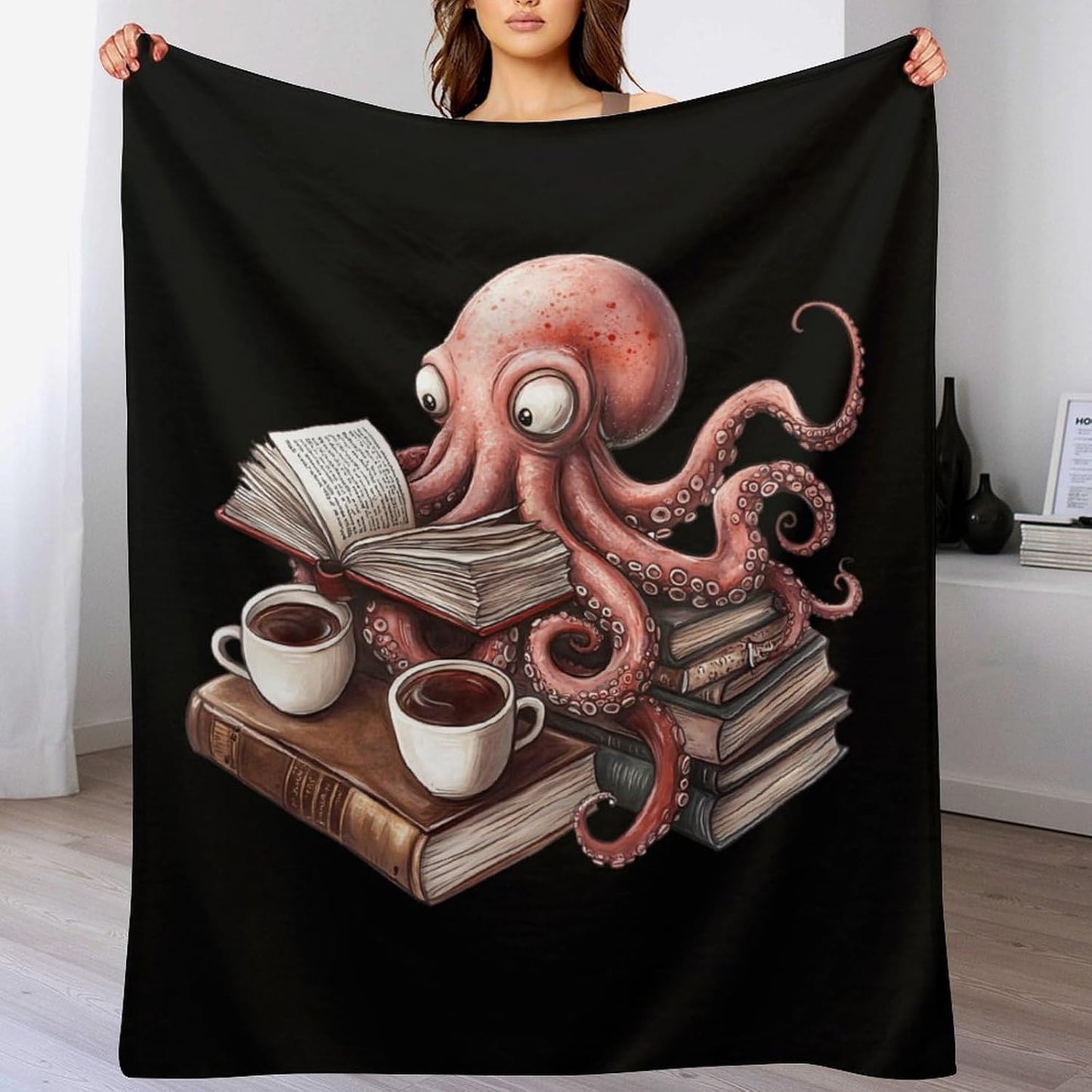 Octopus Reading Book Coffee Flannel Blanket Cozy Fuzzy Plush Throw Blankets for Couch Bed 40"*50" （100 * 130cm）