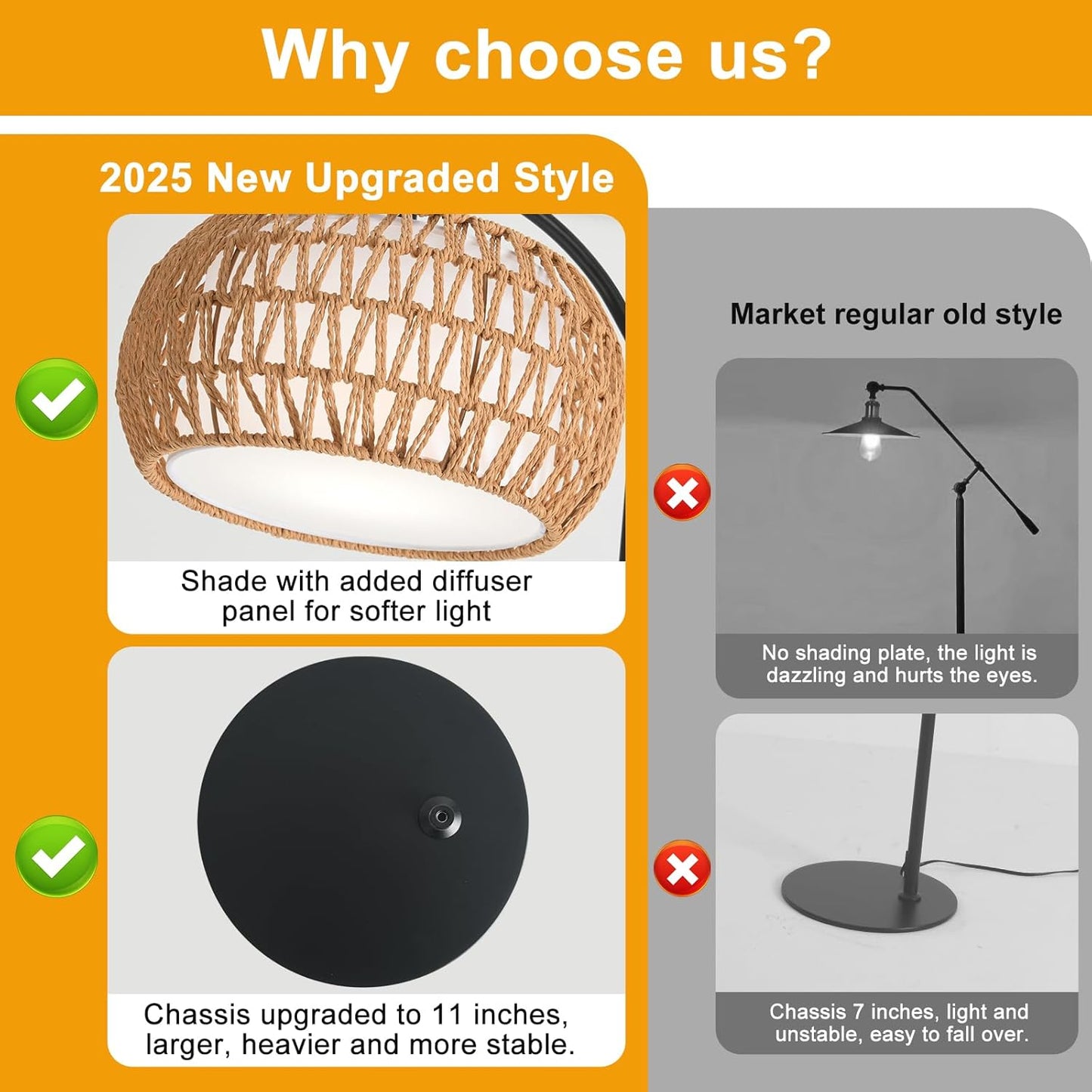 Boho Rattan Floor Lamp with Shade – 12W Bright Dimmable LED Bulb, Remote Control 3 Color Temperatures, Modern Farmhouse Handwoven Arc Standing Light for Living Room Bedroom