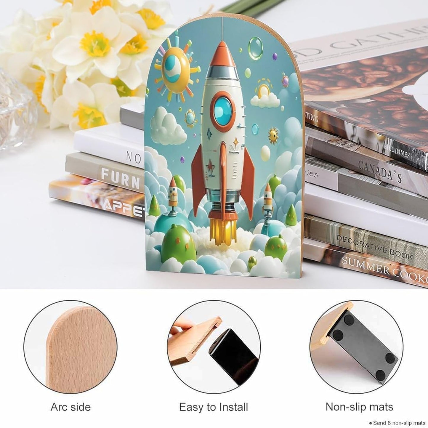 Cartoon Rockets Bookends 1 Pair Heavy Duty Book Ends for Shelves Non-Skid Bookend Supports Wooden Book Holders with Metal Base Desk Organizers Books Storage to Hold Books