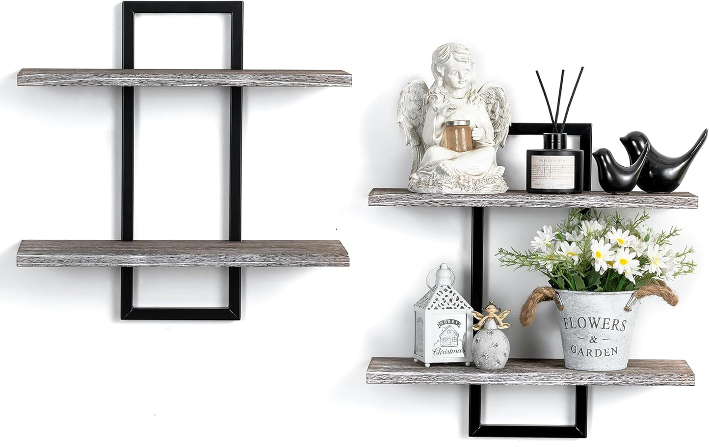 Rustic Wood Floating Shelves - Farmhouse Wooden Wall Shelves Organizer with Sturdy Metal Frame for Living Room Bedroom