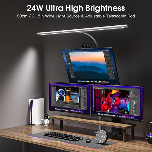 Desk Lamp, 31.5" Desk Light for Home Office, Brightest 24W, Gesture Sensor & Remote Control, Dimmable & Color Temperature, Monitor Light Bar with Telescopic Rod, Height Adjustable