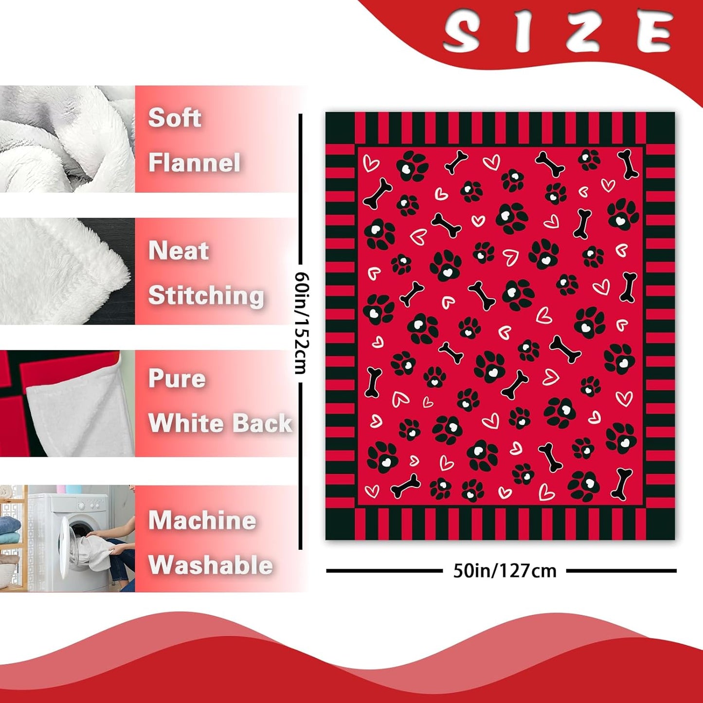 Valentines Red Flannel Blanket, Dog Paw Prints Bone Love Heart Throw Blanket Gifts for Women Girls Wife, Soft Blanket for Anniversary Wedding Bedding Sofa 50 x 60 Inch