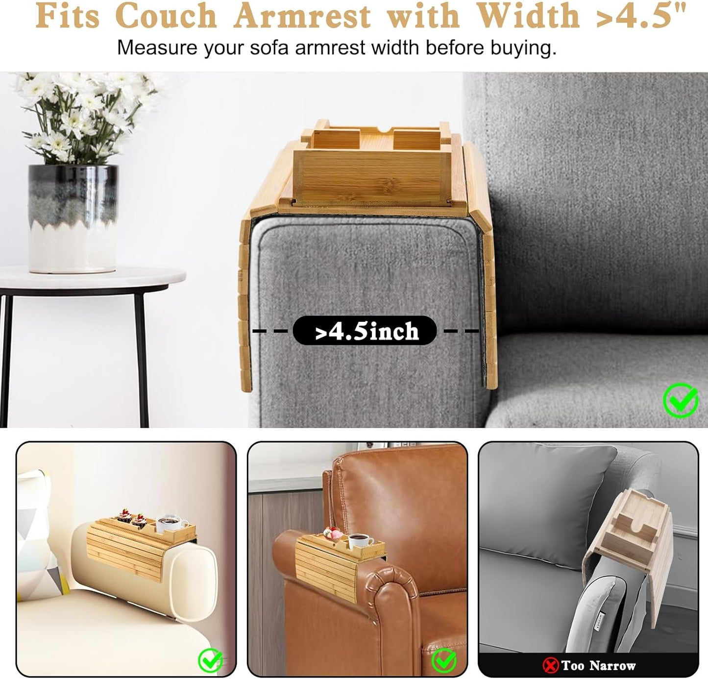 Bamboo Couch Arm Tray with Detachable Cup Holder - 2 in 1 Design, Foldable Anti-Falling Sofa Armrest Tray for Cups, Snacks, Remote