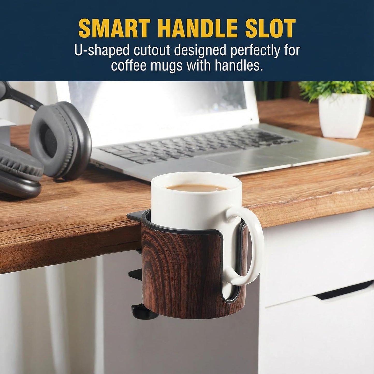 Luxury 2pcs Desk Cup Holder, Tool-Free Clamp On Desk Cup Holder, Fits 40oz Tumbler Holder & 0.2-2in Thick Desks, Anti-Spill for Office, Home, Gaming (2PCS Walnut Design)