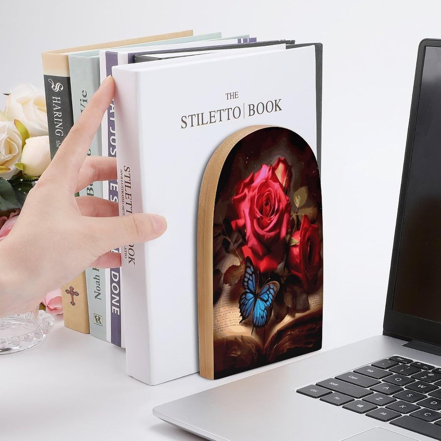 Beautiful Flower Butterfly Roses Bookend for Shelves Wooden Book End Large Size Sturdy Book Holders Stoppers with Metal Base for Bookshelves Slick Decorative Bookends Stands