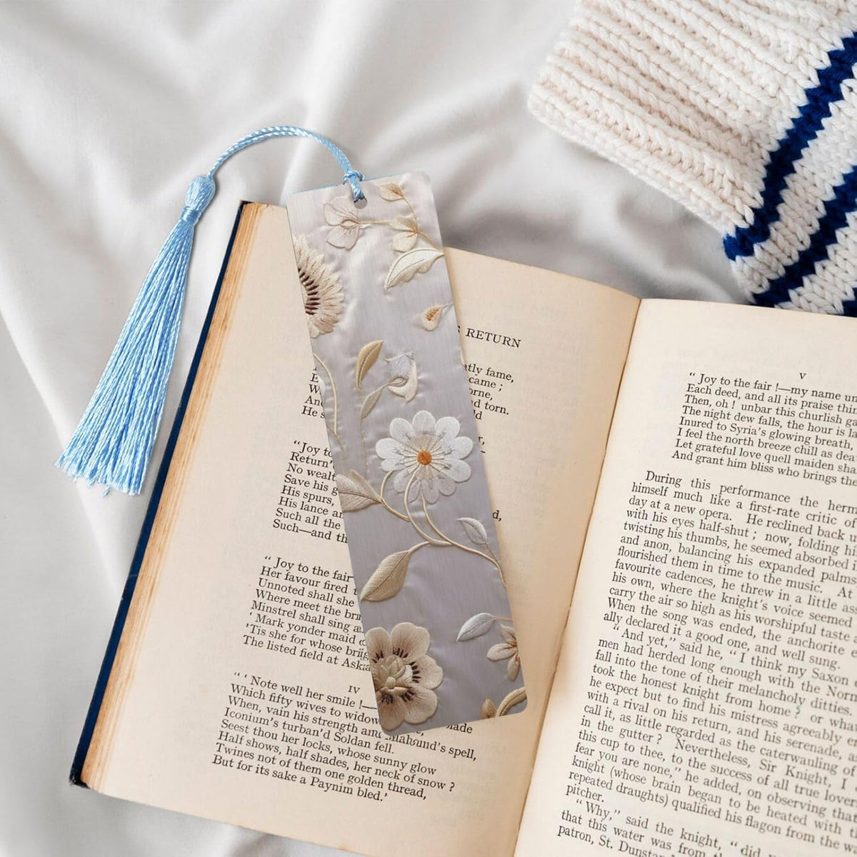 Floral Embroidery Bookmarks Gifts for Women Men, Wooden Bookmarks for Book Lovers, Vintage Book Marks Ornaments with Tassel, Unique Personalized Reading Page Markers Sky Blue