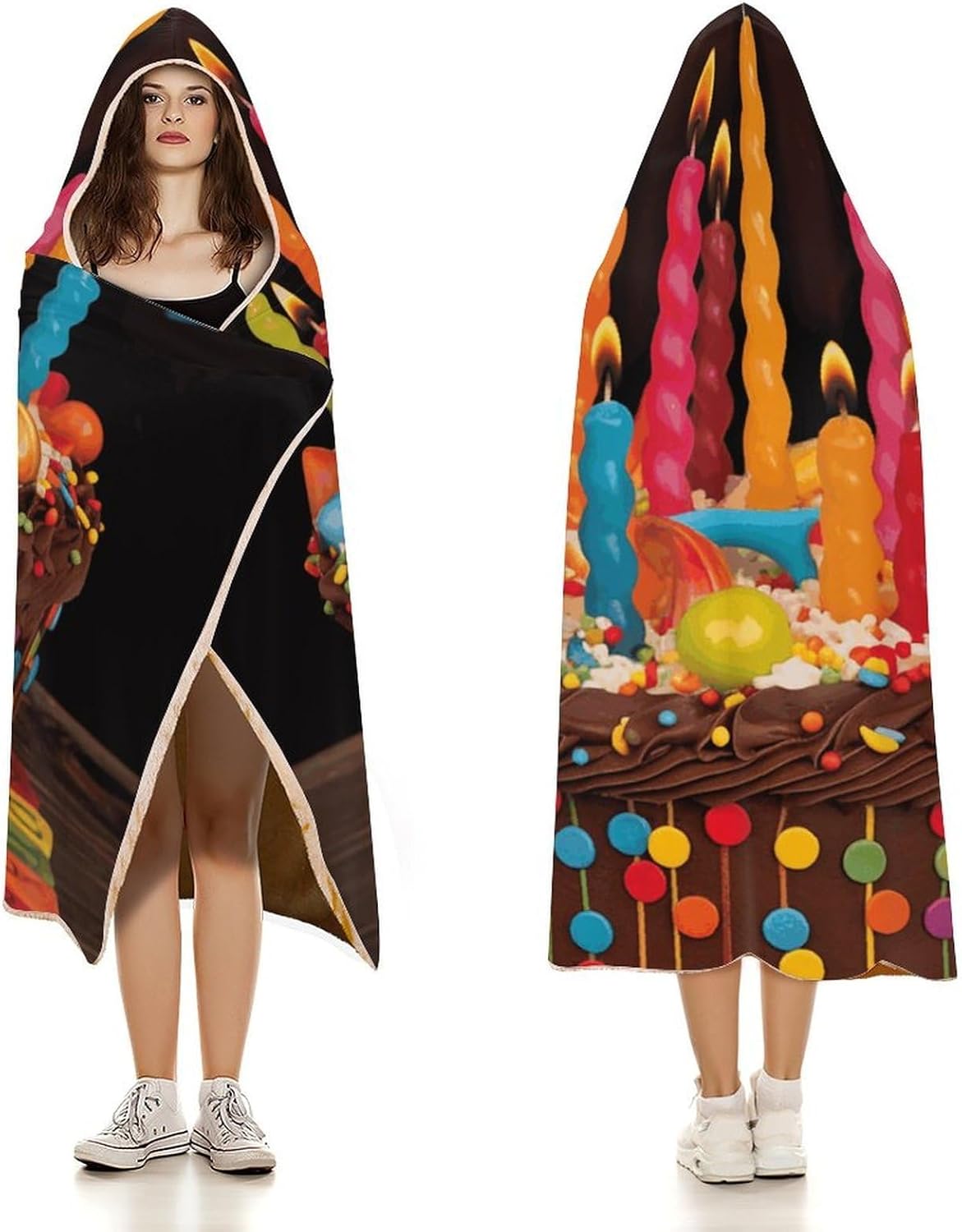 Happy Birthday Cake Blanket Hoodie Oversized Fleece Sweatshirt Wearable Blanket Rope Gift for Women Men
