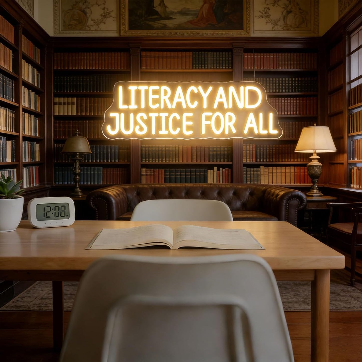 Literacy and Justice For All Neon Sign -23 inch - Book Wall Sign Decor, Reading Wall Hanging LED Light, Bookshelf Wall, Library Neon, Bookish, Book Lover, Inspirational Student Decor Gift-Warm White