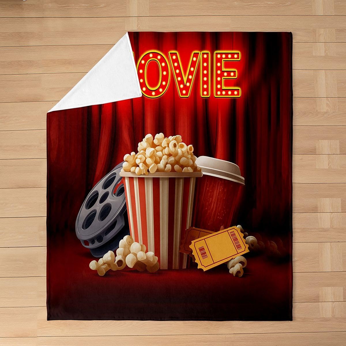 Movie Theme Decor Throw Blanket for Sofa Bed Couch, Retro Cinema Style Fleece Blanket, Home Theater Decor Fuzzy Blanket, Cinema Ticket Popcorn Soft Cozy Flannel Blanket All Season, Throw Size