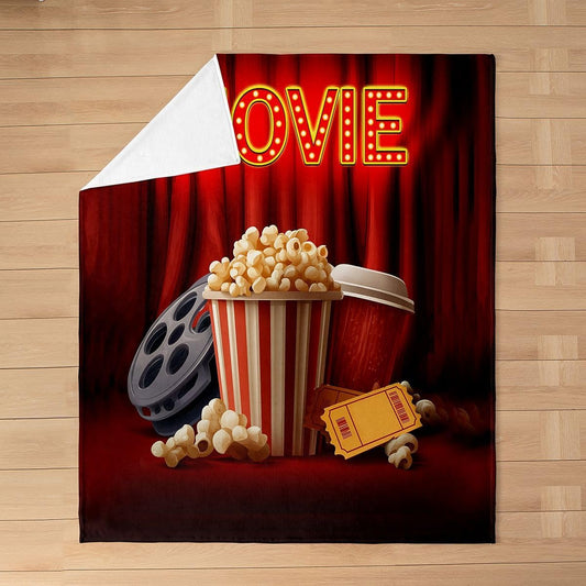 Movie Theme Decor Throw Blanket for Sofa Bed Couch, Retro Cinema Style Fleece Blanket, Home Theater Decor Fuzzy Blanket, Cinema Ticket Popcorn Soft Cozy Flannel Blanket All Season, Throw Size