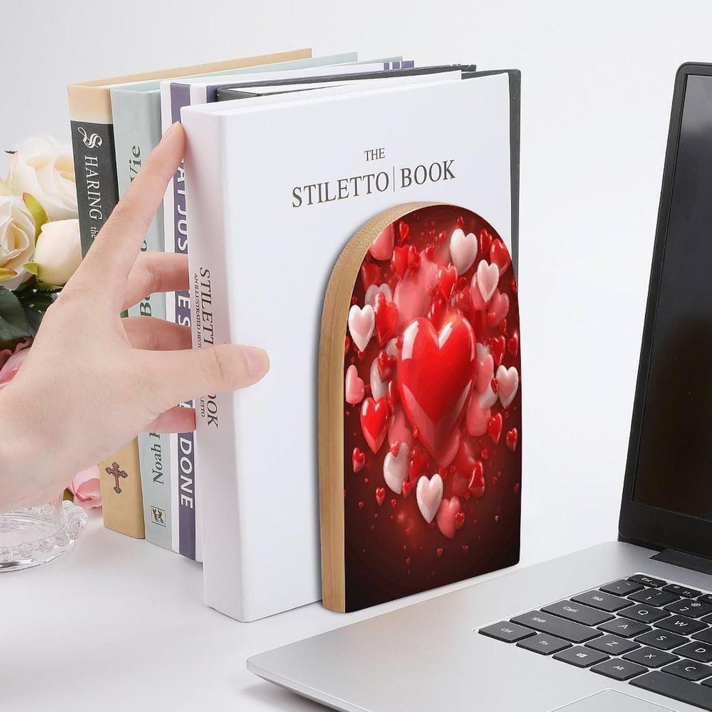 Love Red Hearts Bookend for Shelves Wooden Book End Large Size Sturdy Book Holders Stoppers with Metal Base for Bookshelves Slick Decorative Bookends Stands