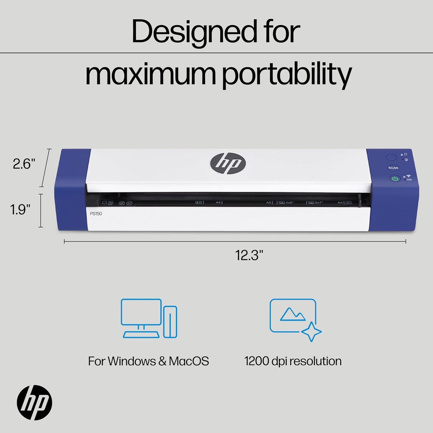 HP PS150 Portable Document Scanner | Compact, Portable, Wireless Digital Scanner with Duplex Mode for Home & Office | Rechargeable, USB & Wi-Fi Direct, Compatible with Mac & Windows PC and Laptop