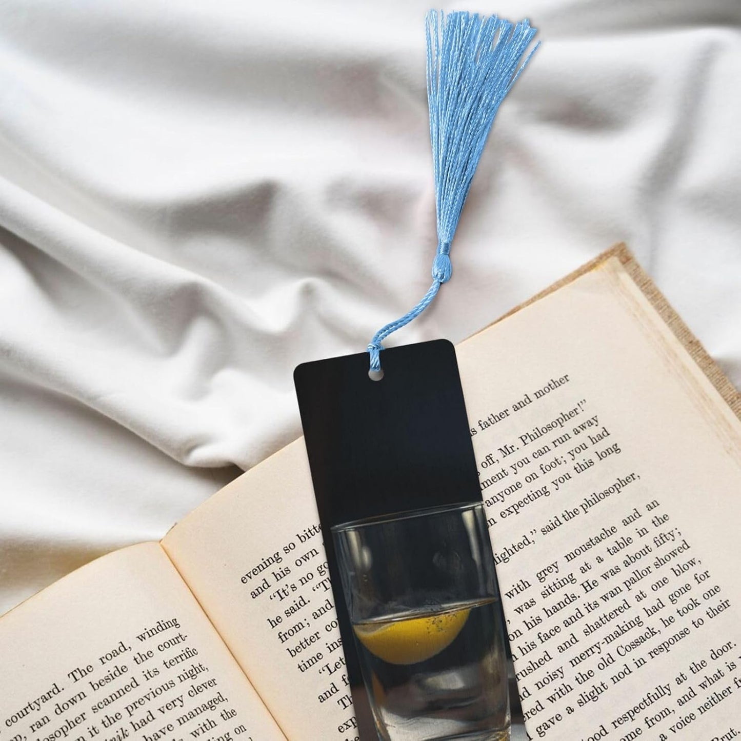 Glass of Water with Lemon Bookmarks Gifts for Women Men, Wooden Bookmarks for Book Lovers, Vintage Book Marks Ornaments with Tassel, Unique Personalized Reading Page Markers Sky Blue