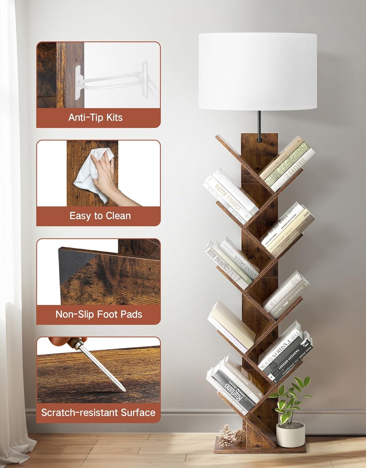 9 Tier Tree Bookshelf with Light, Remote & Timer, Modern Tall Floor Standing Book Shelf, Narrow Wood Bookcase, Small Book Organizer Shelves for Living Room, Bedroom, Office