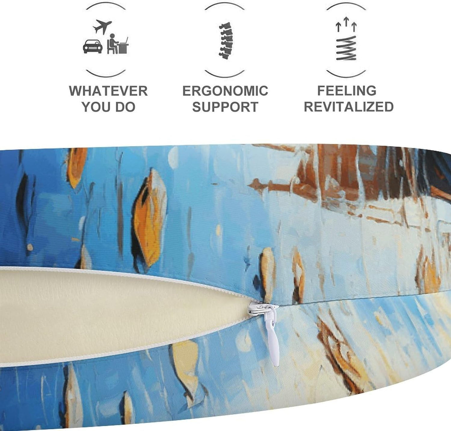 Boats and Sea Oil Paintings Neck Pillow Memory Foam U Shaped Pillows Portable Pillows for Shoulder Travel Head Support Pillow with Concealed Zipper for Airplane Car Home Office
