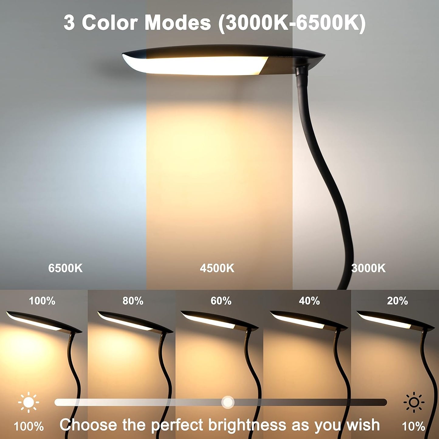 Clip on Lamp USB Reading Light 3 Color Modes 3000-6000K and 10 Brightness 8W 40 LED Flexible Gooseneck Desk Light Clip on Lamp for Desk Eye Caring Bed Lamp for Headboard (No Plug)