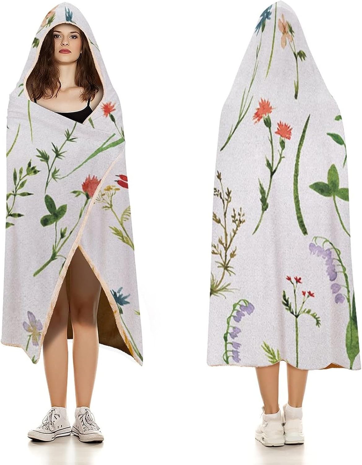 Throw Blankets, Watercolor Flower Women Men Hooded Blanket, Different Kinds of Flowers with Herbs Weeds Plants, Soft Warm Cozy, 40 x 50inches, Studying Reading Snuggling Napping Office, Multicolor