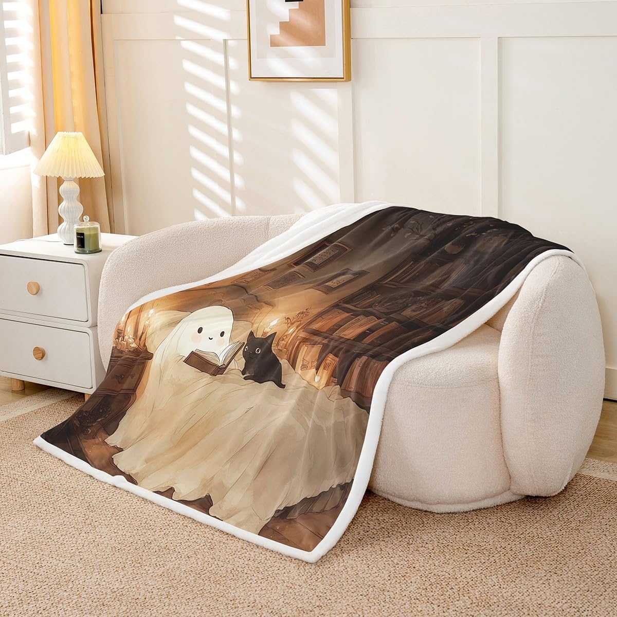 jejeloiu Halloween Funny Ghost Sherpa Blanket Plush Fuzzy Kawaii Cute Cat Fleece Throw Blanket Boys Girls Reading Book for Bed Couch Chair Living Room Bedroom Decor Queen 90"x90"