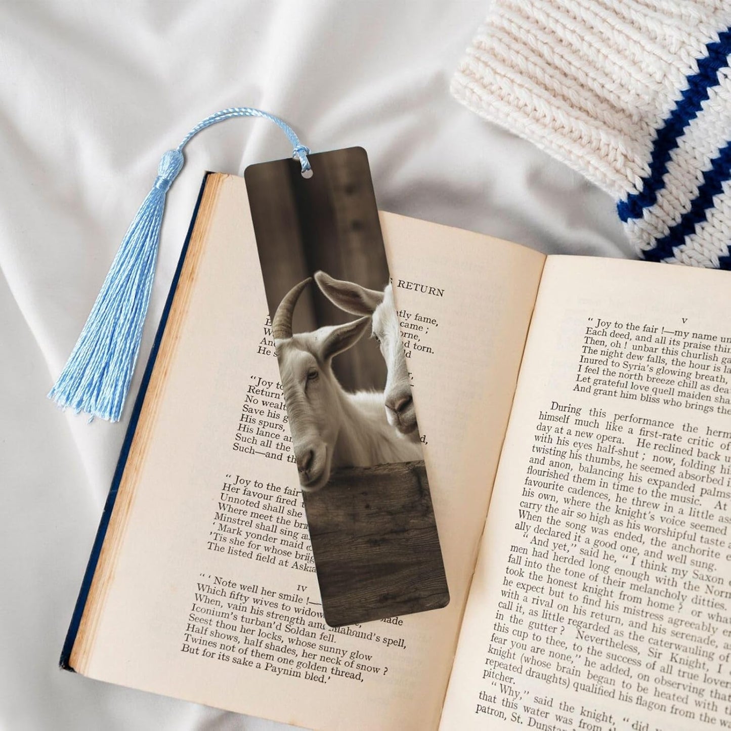 White Goat Bookmarks Gifts for Women Men, Wooden Bookmarks for Book Lovers, Vintage Book Marks Ornaments with Tassel, Unique Personalized Reading Page Markers Sky Blue
