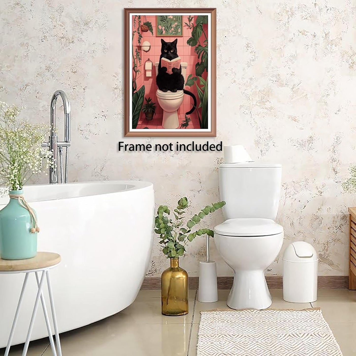 Trendy Funny Black Cat Using Toilet Posters Cute animal Reading Newspaper Canvas Wall Art Bathroom Botanical Pink Aesthetic Prints Painting For Home Bedroom Dorm Wall Decor 8x12in Unframed
