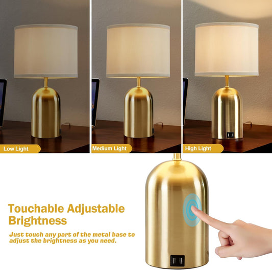 GyroVu Bedside Lamp with USB Port, Touch Control Table Lamp for Bedroom, Dimmable Modern Nightstand Lamp with Fabric Shade Gold Base for Living Room, Dorm, Home Office, LED Bulb Included