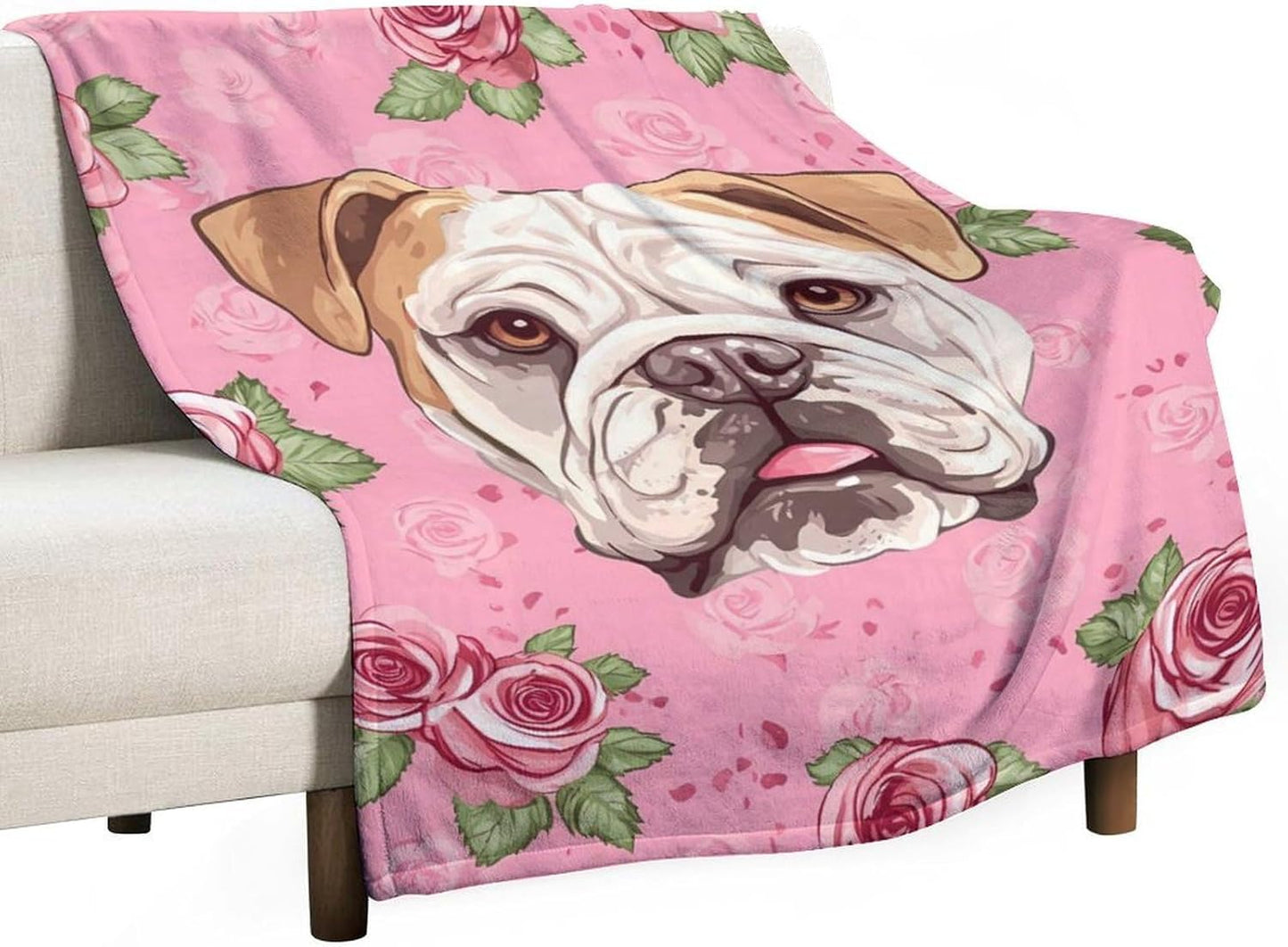 Flower Boston Bulldog Throw Blanket for Couch Bed Plush Cozy Fuzzy Flannel Blanket for All Season 55"x70"