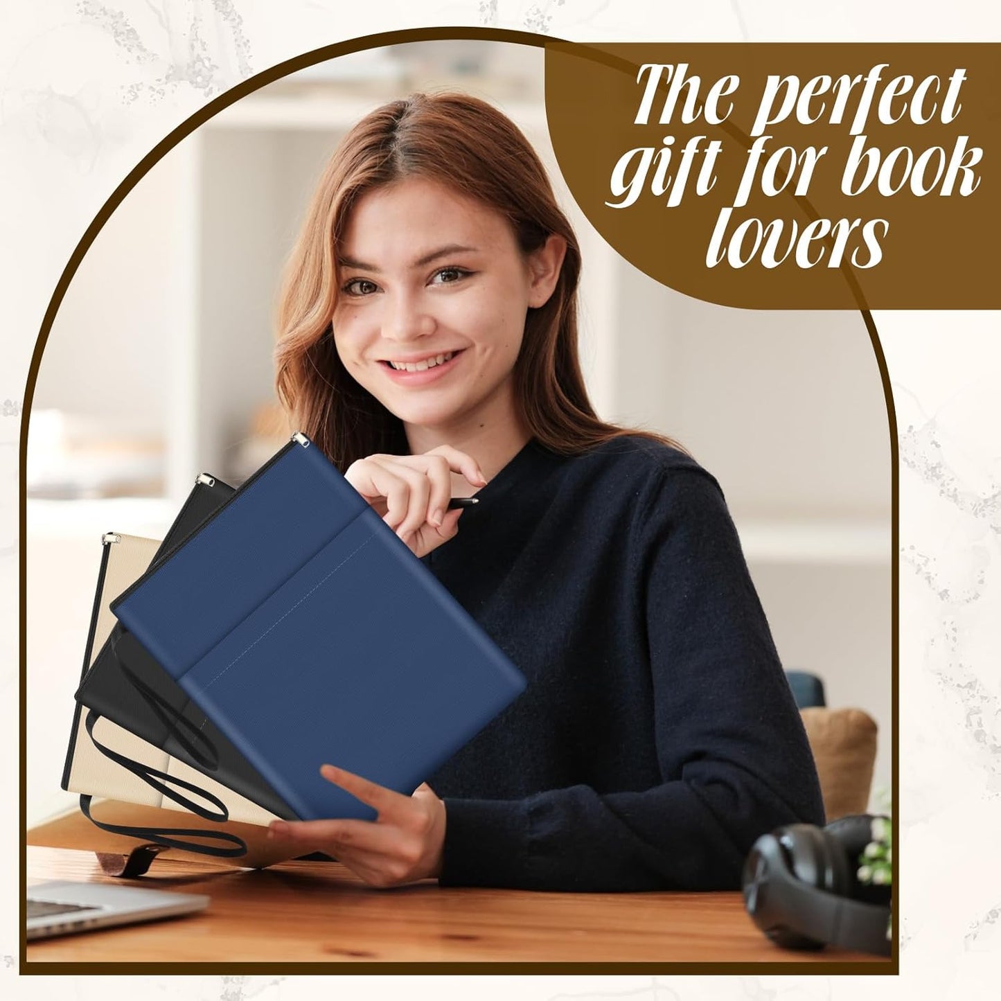 Aliceset 3 Pcs Book Lovers Gifts Book Sleeves Covers with Zipper 11.8 x 9 inch Travel Protector Pouch Bag with Pocket Handle Strap for Hardcover Paperback Washable