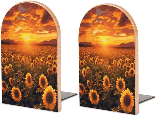 Sunflower Field Sunset Sea of Flowers Bookend for Shelves Wooden Book End Large Size Sturdy Book Holders Stoppers with Metal Base for Bookshelves Slick Decorative Bookends Stands
