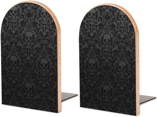 Gothic-Wallpaper-for-Walls-Skull-Damask Wooden Bookend Non-Slip Book Ends Heavy Duty Book Stopper with Metal Base Books Holderd Decorative Bookends Stands Firmly for Office Supplies
