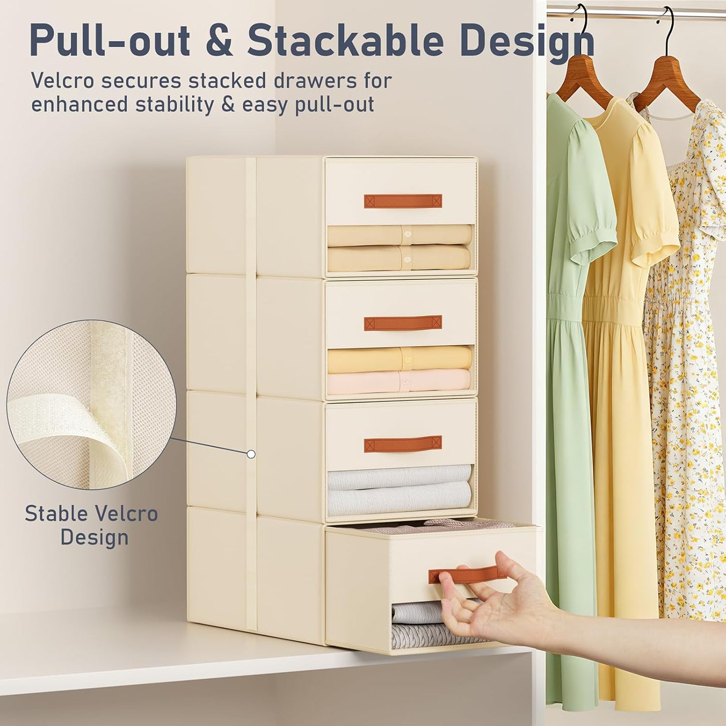 DIMJ Closet Organizers and Storage - Pull-out Fabric Bins with Drawers for Closet Foldable Clothes Organizers with Clear Window, Stackable Storage Drawers for Bedroom,Living Room,Shelf,4-Pack, Beige