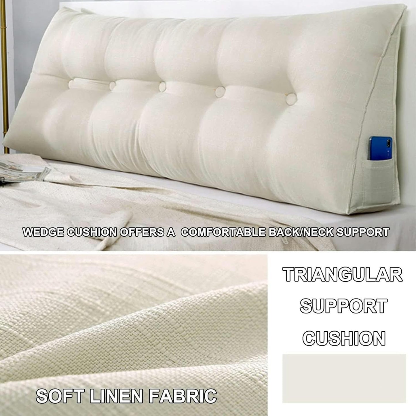 Linen Wedge Headboard Pillow,Large Bolster Triangular Headboard Reading Pillow,Solid Color Positioning Bed Rest Cushion Daybed Backrest with Removable Cover, White