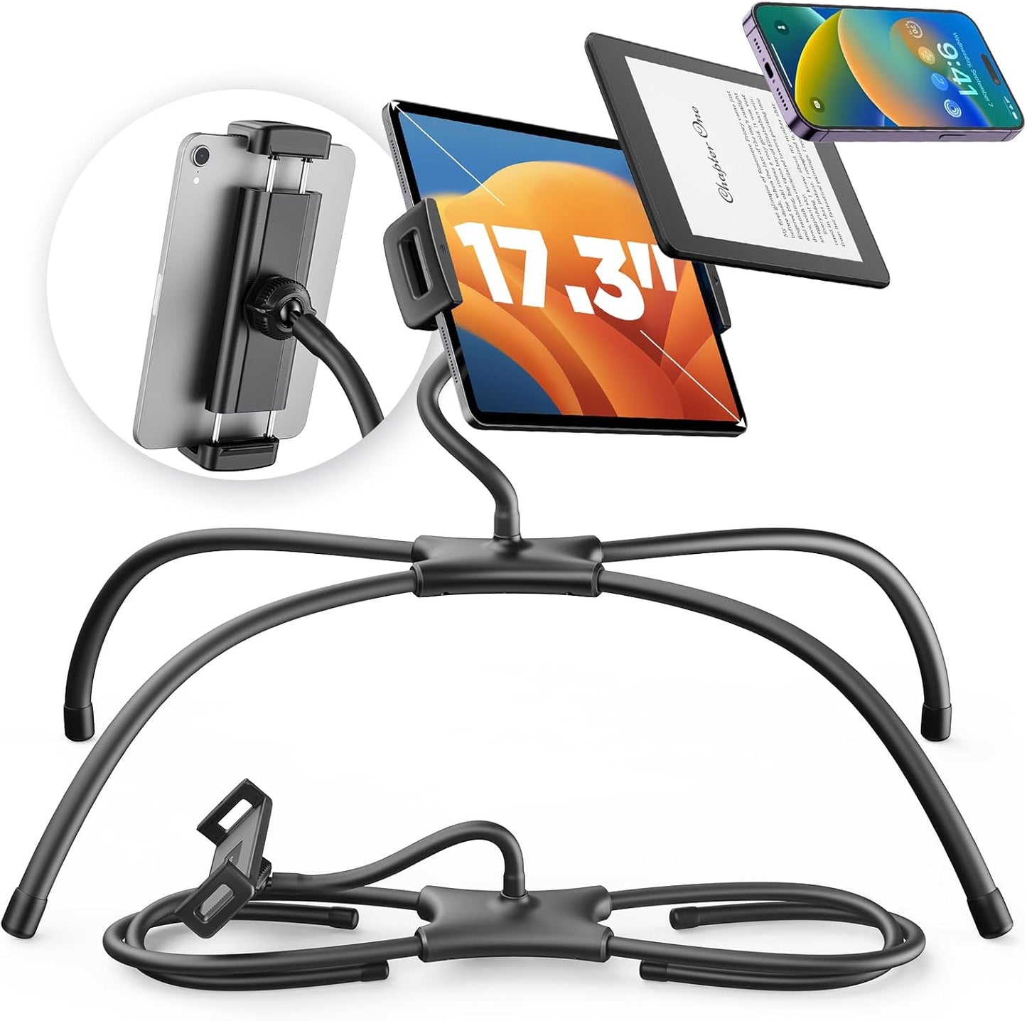 SAIJI iPad Stand, Adjustable Ergonomic Tablet Holder for Bed, Kindle Stand for Reading in Bed Fit for Tablet, Phone, Kindle, Portable Monitor, Switch and More 4.7"-17.3" Devices (Black)