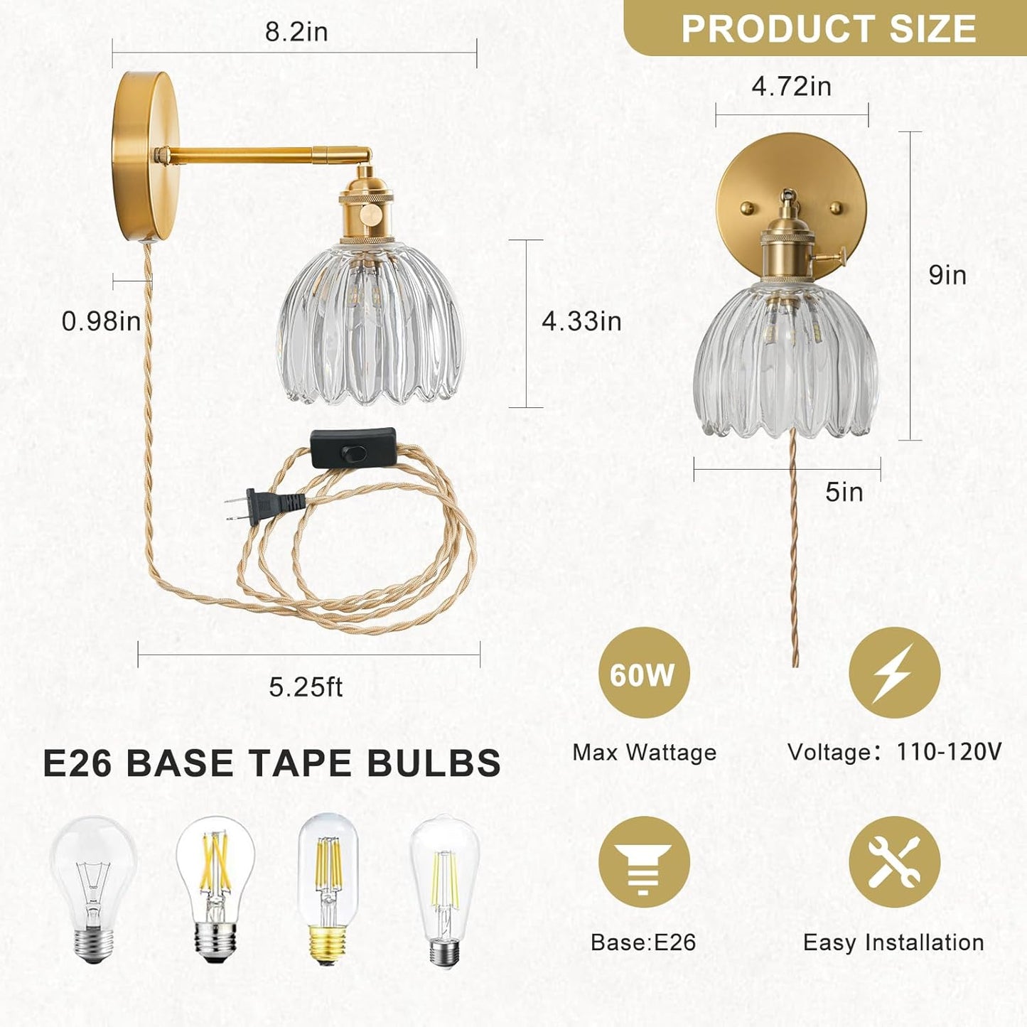 Plug in Wall Sconce, Vintage Sconce Light with Tulip Transparent Glass Lampshade, Bedside Wall Sconce with Switch and Plug in Wall Lamp Cord, Gold Wall Light for Bedroom