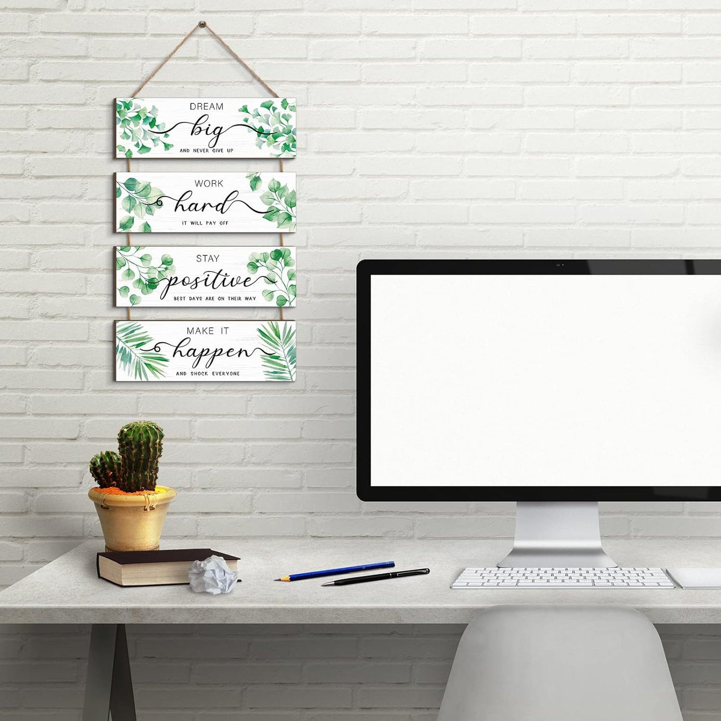 Glenmal 4 Pieces Wooden Inspirational Wall Art Motivational Office Wall Decor Positive Wood Wall Signs With Sayings Greenery Quotes Rustic Hanging Plaque for Home Living Room Bedroom
