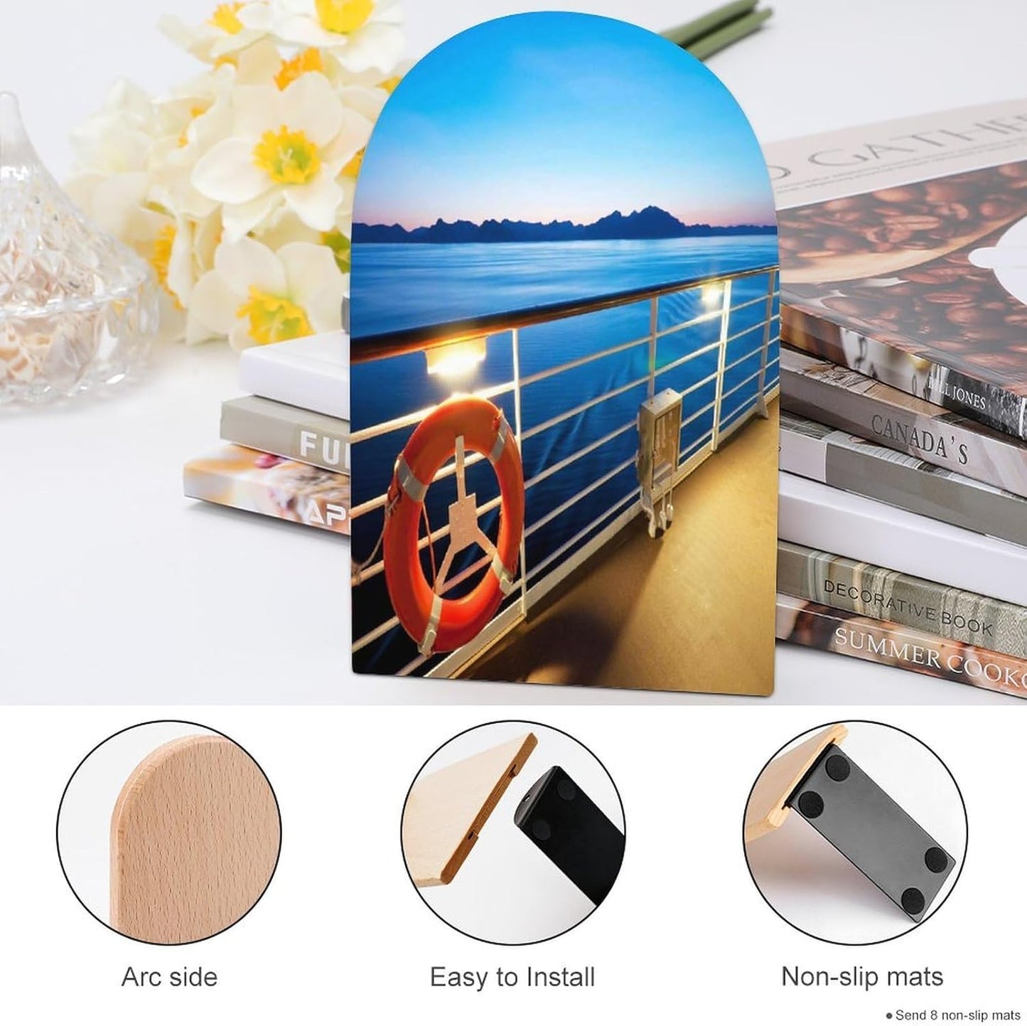 Pool Party Cruise Ship Wooden Bookend Non-Slip Book Ends Heavy Duty Book Stopper with Metal Base Books Holderd Decorative Bookends Stands Firmly for Office Supplies