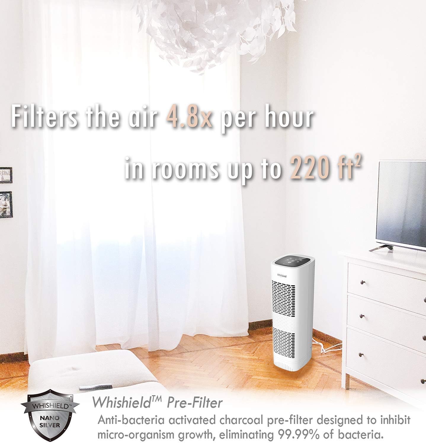 Whirlpool WPT80P Whispure True Hepa Air Purifier, Activated Carbon Advanced Anti-Bacteria, Ideal for Wildfire, Allergies, Odors, Pet Dander, Mold, Smoke and Germs, Large, White