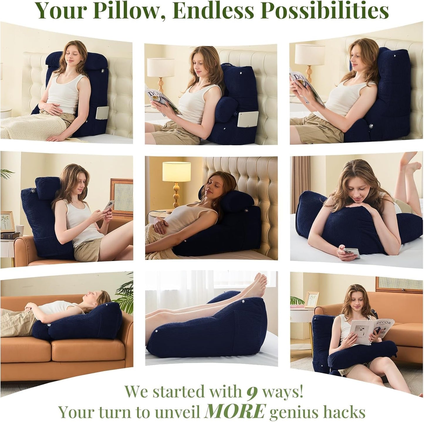 Sasttie Wedge Pillow Set, 2PCS Reading Pillow for Sitting, Bed Wedge Pillow Headborad for Sleeping, After Surgery, Acid Reflux, Leg and Back Support, with Neck Cushion, 23"x11.5"x30", Navy