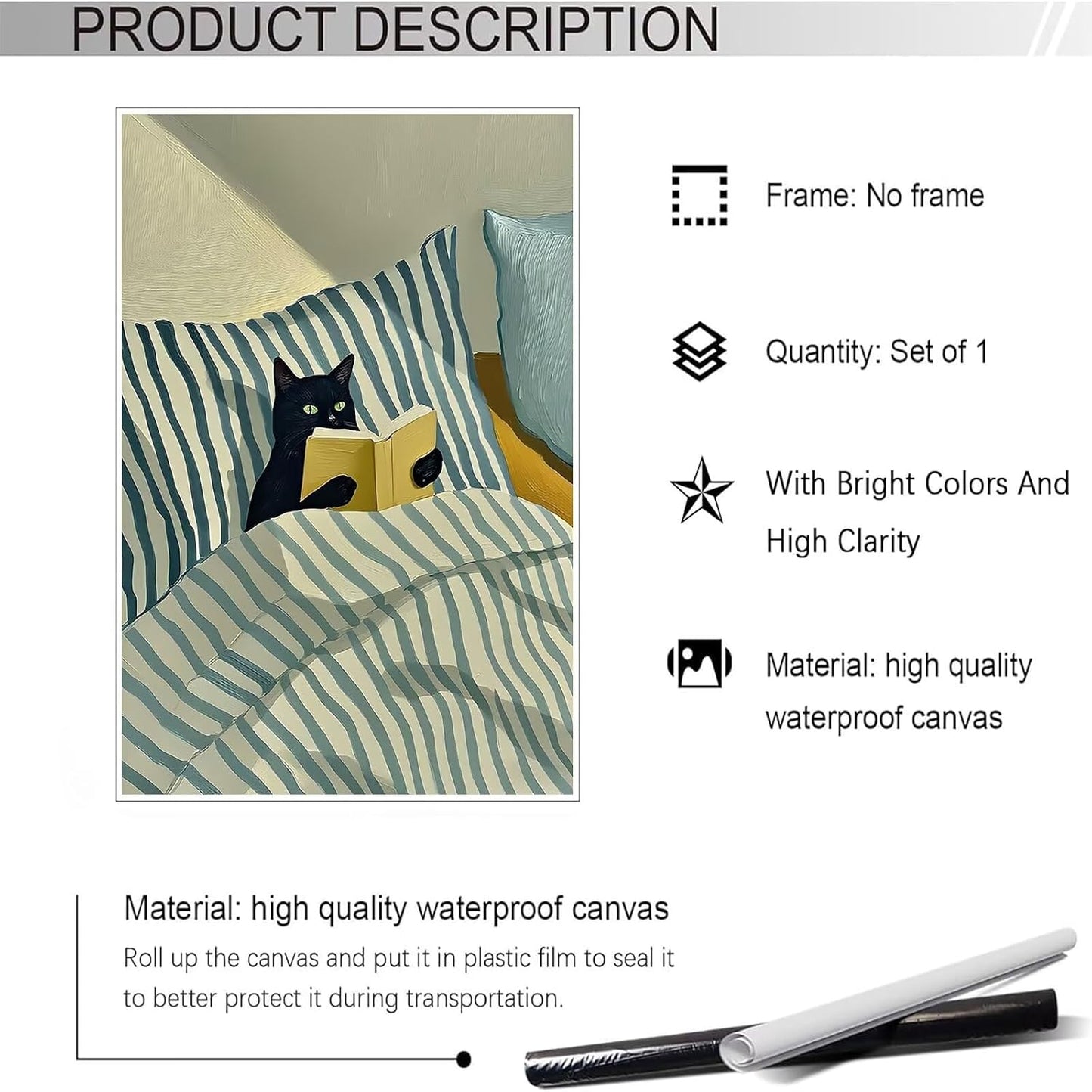 Black Cat Reading Book Wall Art Modern Cute Pet Lovers Canvas Prints Decor Vintage Trendy Animal Poster Painting Funny Minimalist Aesthetic Picture for Bedroom Living Room 12x16inch Unframed