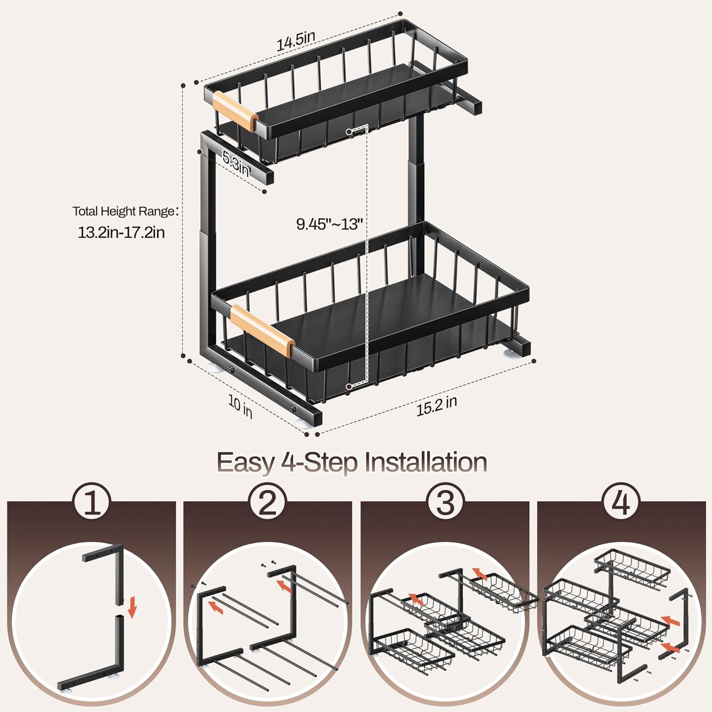 ADBIU Under Sink Organizer 2 Pack, 2 Tier Pull Out Cabinet Organizer with Expandable Height (13.2"-17.2"), Slide Out Metal Storage Shelves for Kitchen, Bathroom, Pantry and Under Cabinet