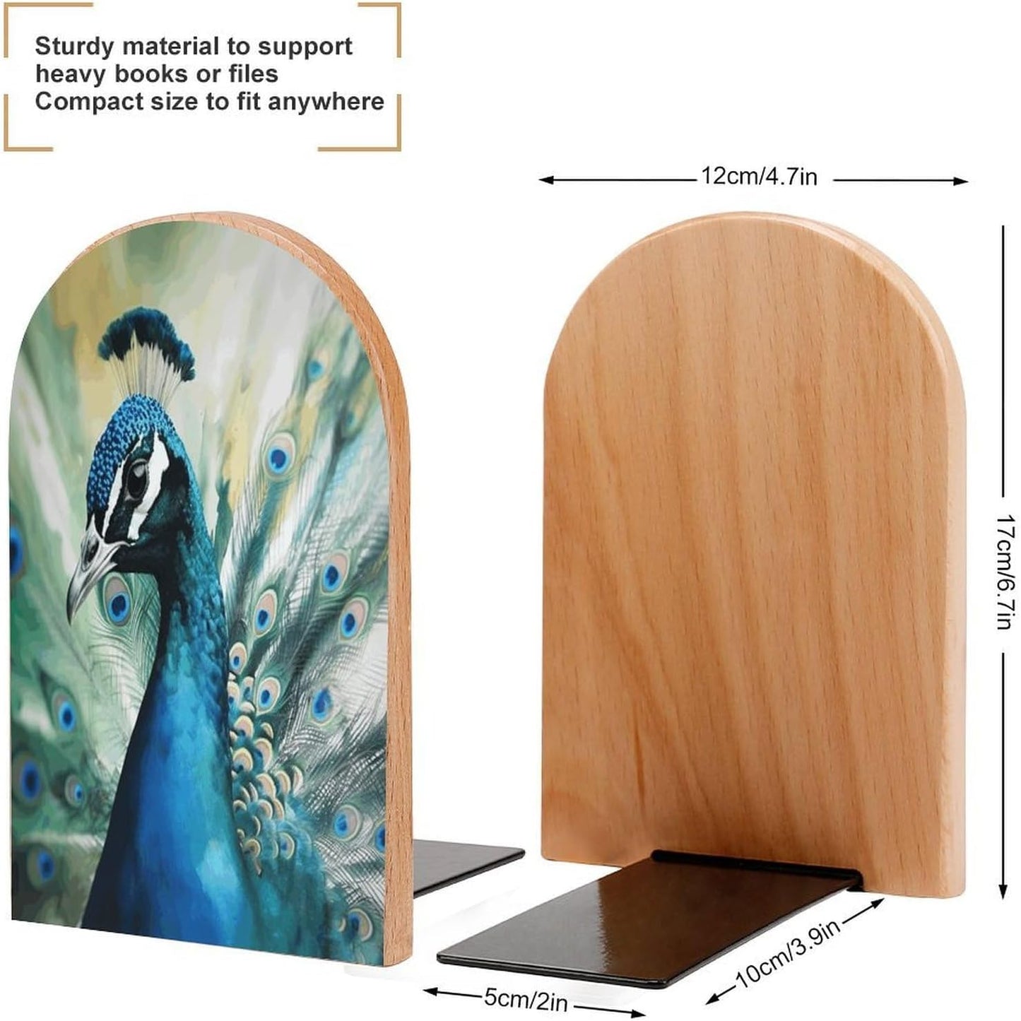 Cute Peacock Bookend for Shelves Wooden Book End Large Size Sturdy Book Holders Stoppers with Metal Base for Bookshelves Slick Decorative Bookends Stands