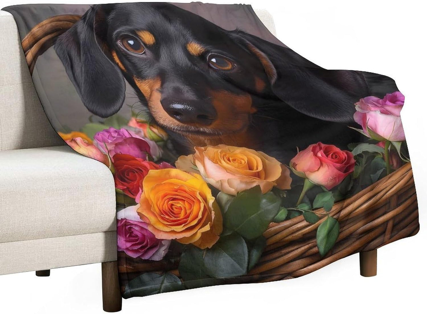 Dachshund Flower Throw Blanket for Couch Bed Plush Cozy Fuzzy Flannel Blanket for All Season 50"x60"