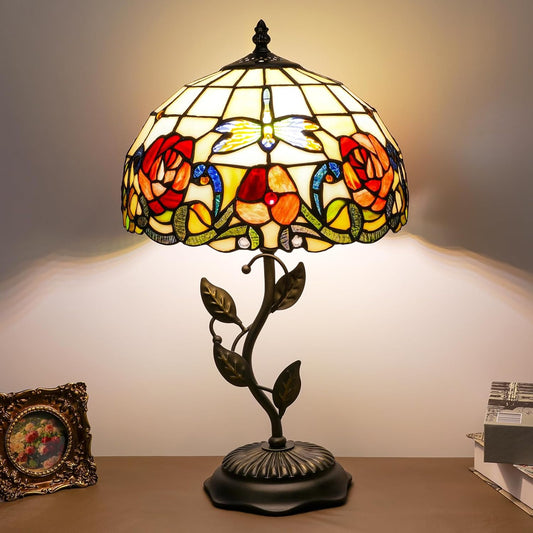 Stained Glass Table Lamp, Adjustable 3 Color Temperature, Dragonfly Rose Style Lampshade & Metal Leaf Antique Base Desk Reading Light 12X12X19 Inches Decor for Bedroom Living Room Office