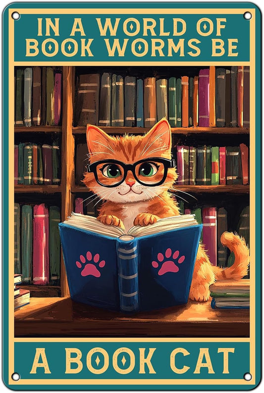 Cute Cat Reading in a World Full of Book Worm Be a Book Cat Wall Decor Study Metal Poster for Home Library Cafe Bar 12 * 8in