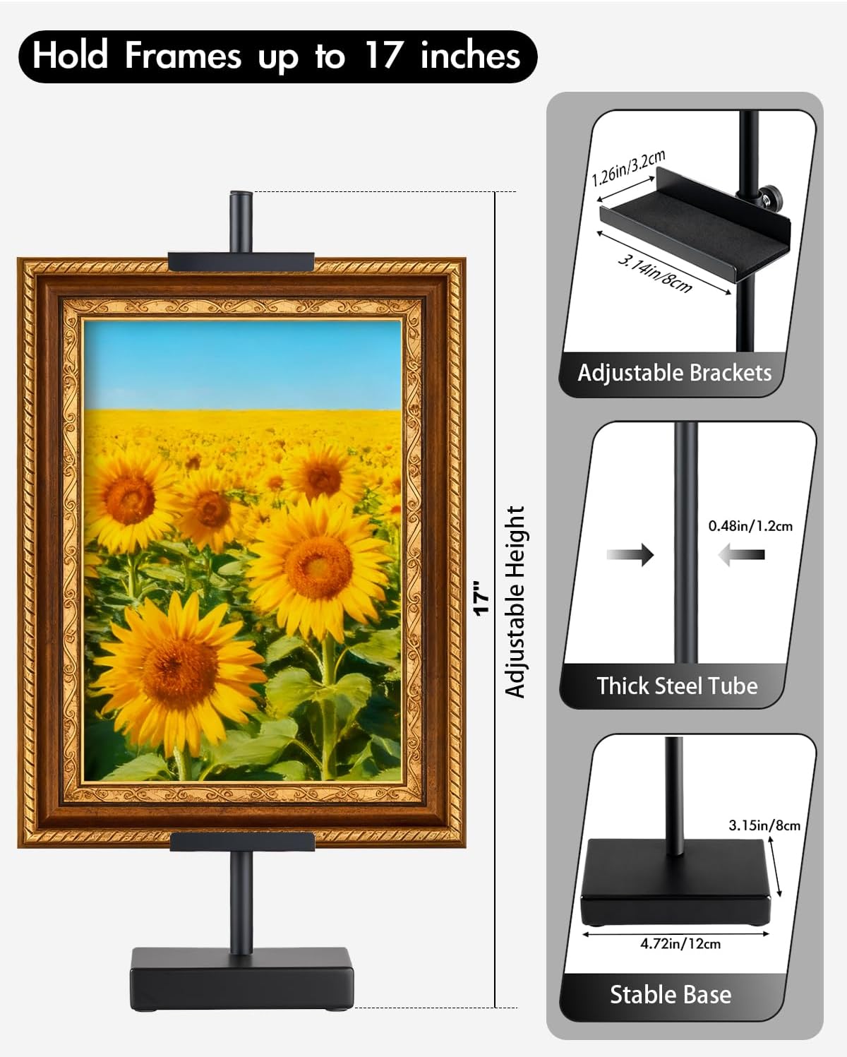 Adjustable Tabletop Easel Stand, Picture Easel Stand up to 17” H, Metal Picture Frame Holder for Artwork, Photo, Signs & Certificates (Black)