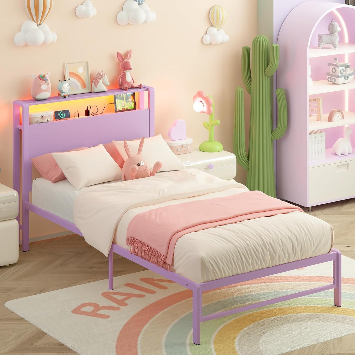 Weehom Twin Bed Frames with 2 Tiers Wood Storage Shelves Headboard, Twin Size Bed with Charger Stations and LED Light Under Bed Storage Space Platform Bed for Kids, Girls and Adults, Purple