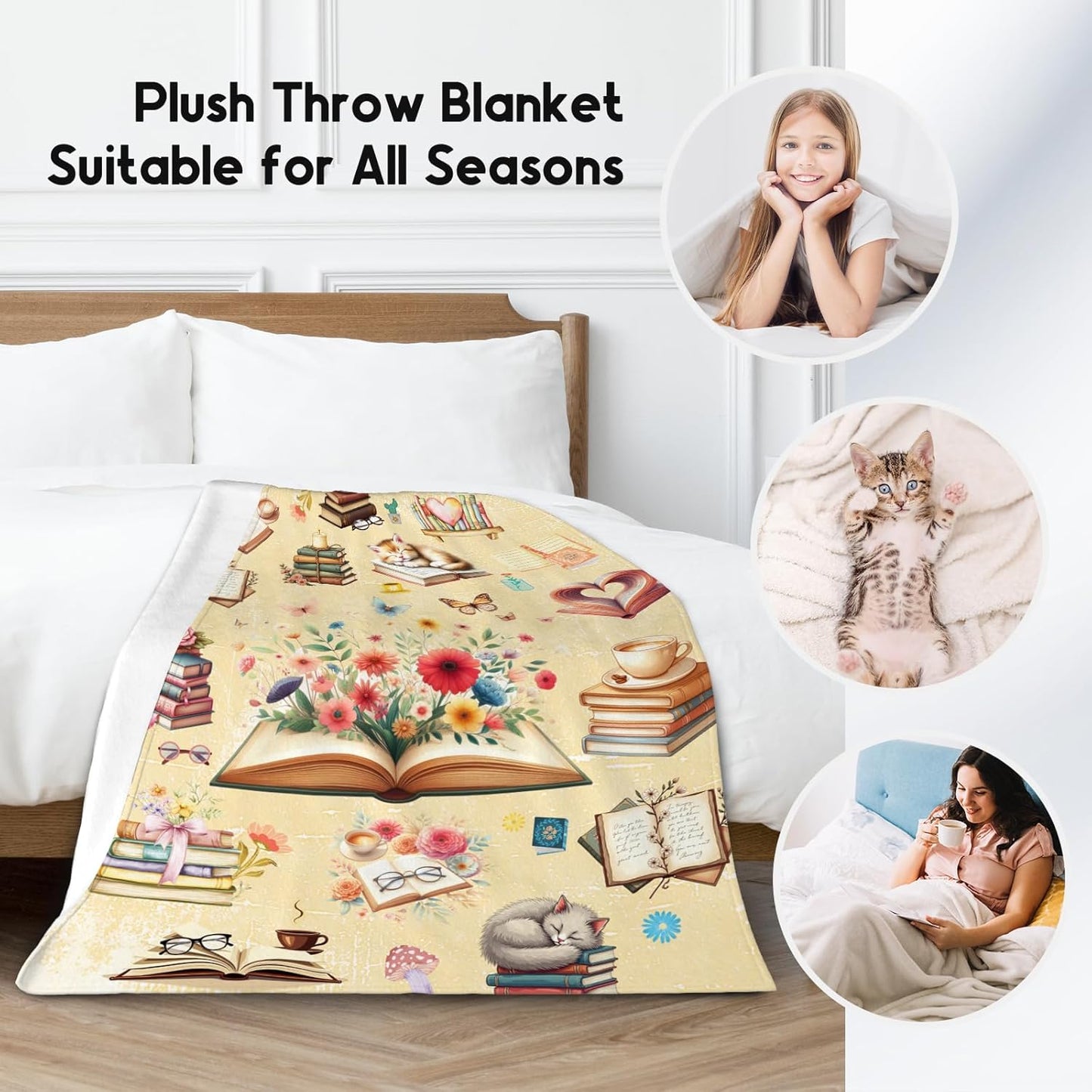 Blanket for Girls, Book Blankets, Book Lovers Gifts for Kids Women Adults, 60"x80" Cozy Plush Throw for Library Nap Bedroom Living Room