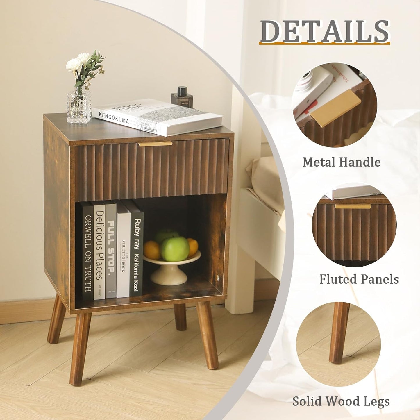 Mid Century Modern Nightstand, Wood Bedside Table with Drawer and Opening Storage, End Table Living Room Fluted Night Stand with Solid Wood Legs for Bedroom (Rustic Brown)