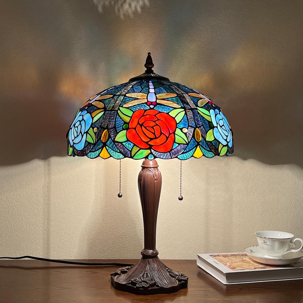Tiffany Style Table lamp, Dragonfly & Rose Stained Glass Desk Light - Antique 16” Large Nightstand Bedside Reading Light for Living Room Bedroom Office