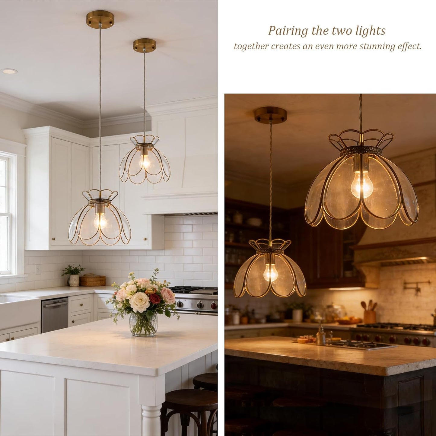Brass Glass Ceiling Pendant Light, Hanging Chain lamp, with Vintage Lotus Flower Glass Shade for Kitchen Island Dining Room Bedroom Living Room-12 Clear Large Shade